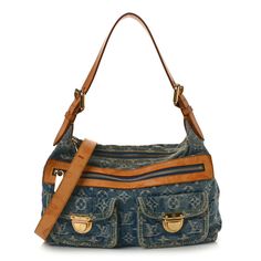 This is an authentic LOUIS VUITTON Monogram Denim Baggy PM in Blue. This chic shoulder bag is crafted of blue Louis Vuitton monogram denim with vachetta leather trim. The bag features a front zippered pocket, two press-lock pockets, an adjustable leather top handle, and an adjustable leather crossbody strap. The main zipper opens to a saffron yellow microfiber interior with patch pockets. Leather And Denim Bag, Luxury Bags With Pockets In Monogram Canvas, Designer Denim Blue Shoulder Bag For Everyday, Luxury Denim Blue Shoulder Bag For Travel, Luxury Denim Shoulder Bag For Travel, Blue Monogram Canvas Shoulder Bag With Leather Handles, Denim Blue Bags With Leather Handles, Luxury Denim Blue Shoulder Bag For Daily Use, Blue Monogram Canvas Shoulder Bag With Branded Hardware