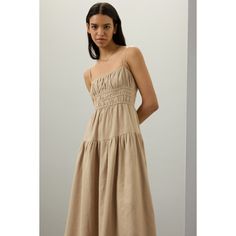 Brown (55% Linen, 45% Viscose). Casual dress. Sleeveless. Square neck. Pull-on closure. 48" from shoulder to hemline. Imported. Fitted Sleeveless Midi Dress For Daywear, Sleeveless Sundress With Fitted Bodice For Brunch, Sleeveless Dresses With Smocked Bodice For Daywear, Fitted Bodice Sleeveless Sundress For Brunch, Beige Sleeveless Midi Dress With Ruched Bodice, Sleeveless Dress With Gathered Neckline For Brunch, Casual Maxi Dress With Ruched Fitted Bodice, Sleeveless Dresses With Smocked Bodice For Brunch, Beige Ruched Sleeveless Maxi Dress