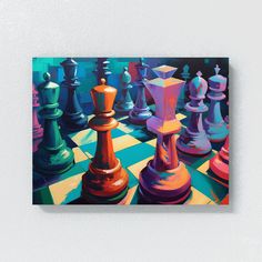 a colorful painting of chess pieces on a wall