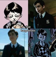 three different pictures with the same person in school uniforms and text that says five hargrevees