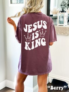 Spread a Message of Faith with this cute Jesus Is King Shirt! This Christian Comfort Colors® Tshirt is super comfy! Size up for a Trendy Oversized Look! ♥ Hello and Welcome to Meaningful Tees Shop! ♥ Models are wearing Berry, Pepper, Blue Jean ♥ All of our items are made one at a time with care for each customer : ) ♥ Please allow 3-7 BUSINESS days (usually 3-5) for your item to be created PLUS shipping time via USPS ♥ UNISEX TEES fit like a Mens Shirt on Women, but are not overly large. ♥ For a RELAXED FIT, your usual size will typically work, but please consult the Size Chart in the Listing Photos ♥ For a TRENDY OVERSIZED FIT, size up 1, 2, or 3 Sizes! (2 sizes up is most common) ♥ For a SNUG FIT, size down 1 size. ♥ When in doubt, lay your favorite Tshirt flat and measure armpit to armp Jesus Is King Shirt, Christian Comfort, Christian Outfits, Christian Tshirt Design, Christian Merch, Jesus Is King, Trendy Tees, Love Like Jesus, Trendy Shirt Designs