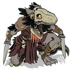 an animal with large teeth and claws on it's face, holding two knives