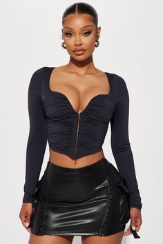 Available In Red And Black. Corset Top Sweetheart Neckline Long Sleeve Padded Bra Cups Ruched Detail Hook And Eye Closure Stretch Shell: 92% Nylon 8% Spandex Lining: 100% Polyester Imported | Gianna Corset Top in Black size XL by Fashion Nova Sweetheart Neckline Long Sleeve, Red And Black Corset, Sling Top, Korean Kpop, Black Corset Top, Womens Camisoles, Black Corset, Tank Top Camisole, Padded Bra