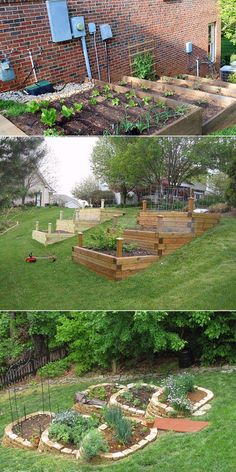 several pictures of different types of raised beds in the yard and on the side of a brick building