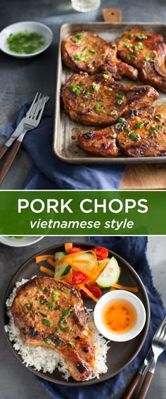 Vietnamese pork chops on a baking sheet with a side of scallion oil. Pork Chop Vietnamese Recipes, Vietnamese Pork Chop Recipes, Hoisin Pork Chops, Pork Chop Asian Recipes, Japanese Pork Chops, Vietnamese Pork Chops Marinade, Asian Style Pork Chops, Filipino Pork Chop