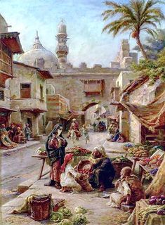 a painting of people in an old city street with palm trees and other items on the ground