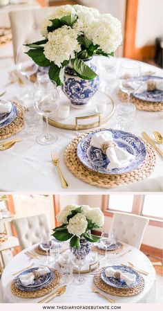 the table is set with blue and white plates, silverware, and flowers in vases