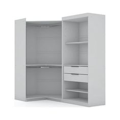 an open white closet with shelves and drawers on the bottom shelf, isolated against a white background