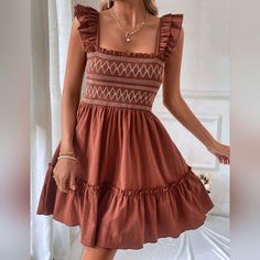 New Boho Embroidered Smocked Babydoll Dress Cotton * Sleeveless * Layered Ruffle Trim Strap * Embroidered Smock Stretch Tube Top * High Waist * A Line * Ruffle Trim Skirt *Approximate Unstretched Measurements* Xs (2) * Bust 29"(Up To 34") * Length 32.75" Small (4)* Bust 30.5"(Up To 35.25") * Length 33" Medium (6) * Bust 32.25"(Up To 37") * Length 33.5" Large (8/10) * Bust 34.5"(Up To 39.25") * Length 34" Xl (12) * Bust 37"(Up To 41.5") * Length 34.5" On Order * Will Ship In Approx 6-10 Days Fabr Cotton Smocked Mini Dress With Ruffles, Brown Smocked Back Sundress, Brown Sundress With Smocked Back, Summer Cotton Smocked Dress With Ruffles, Cute Mini Smocked Dress With Smocked Bodice, Brown Bohemian Dress With Smocked Bodice, Brown Smocked Bodice Dress For Vacation, Bohemian Smocked Sleeveless Dress With Ruffles, Vacation Dresses With Smocked Bodice In Brown