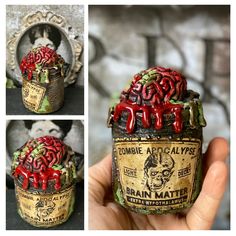 there are three pictures of the inside of a jar that is red and green with black writing on it