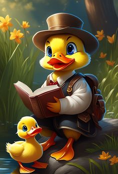 a duck with a hat is reading a book next to a duckling in the grass