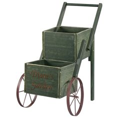 a green wooden wagon with wheels that says, diary's garden