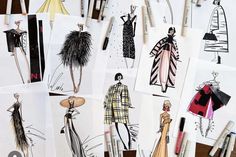 several fashion sketches are shown with markers and pens