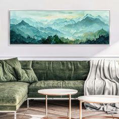 a living room with a couch, table and large painting on the wall above it