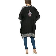 Raj Amira Thick Stitch Embroidered Duster Kimono This beautiful, embroidered Duster Kimono elegantly elevates your style. The relaxed body is comfortable for all body types. Style this contemporary and versatile kimono with your favorite denims, dresses and shorts with heels or boots.        Only Open Front, Loose Fit, Print- Paisley      One Size fits most (2-16)      Material: 100% Rayon      Care: Dry Clean      Colors: Black with Red, Black with Gold, Black with White      Imported Festive Casual Floral Embroidered Top, Black Embroidered Kaftan For Spring, Fitted Embroidered Top For Eid, Casual Embroidered Fall Kimono, Folk Style Kaftan With Chikankari Embroidery, Embroidered Free Size Kaftan, Embroidered Short Sleeve Kaftan For Eid, Casual Embroidered Kaftan For Festivals, Embroidered Black Kaftan For Spring