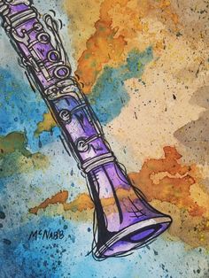 a drawing of a musical instrument in watercolor and ink on paper, with an abstract background