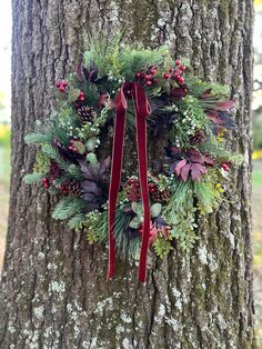 a christmas wreath hanging on the side of a tree