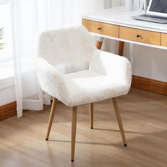 PRICES MAY VARY. ✿Faux Fur Armchair Chair : Soft and comfortable plush fabric will bring you a pleasant sitting experience, even if you sit on it work for a long time will not feel tire ✿Multi-Functional Plush Accent Chair : This white cute office desk chair whether it is placed in your living room, makeup, study, or in your office all are perfect choices ✿Sturdy & Durable White Desk Chair : Thicken metal tube with wood grain transfer painting for legs, which is unique on look, but also strong e Fur Dining Chair, White Desk Chair, Cute Desk Chair, Desk Chair Comfy, Plush Armchair, Vanity Chair, Desk Chairs, Guest Chair, Mid Century Dining Chairs