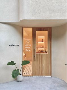 an entrance to a building with a potted plant next to it