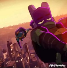 a cartoon character flying through the air next to another character in front of a cityscape