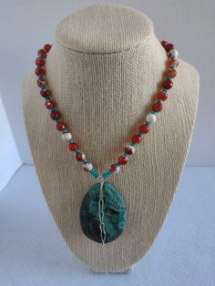 "This single strand OOAK necklace was made with a Faceted Turquoise Simply wired Pendant, Faceted Cream and Orange Crab Fire Agate Rounds and tiny genuine Faceted Turquoise Rondelles.  Findings are Silver Plate. Necklace - 18\" Pendant is an additional 2 1/4\"" Bohemian Single Strand Pendant Beaded Necklace, Artisan Wire Wrapped Necklace For Jewelry Making, Beaded Chrysocolla Turquoise Necklace As A Gift, Beaded Turquoise Agate Necklace, Handmade Turquoise Agate Beaded Necklaces, Artisan Handmade Chrysocolla Beaded Necklaces, Bohemian Single Strand Agate Necklace, Artisan Turquoise Wire Wrapped Necklaces, Turquoise Beaded Agate Necklace