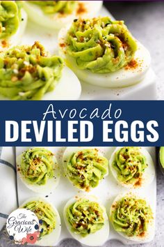 deviled eggs with avocado and sprinkles on top