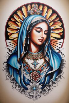 a painting of the virgin mary with an ornate design on it's face and shoulders