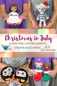 three crocheted christmas ornaments with the words christmas in july above them and below