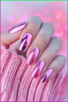 Bright Pink Chrome Nails, Heart Nails White, White Nails Oval, Chrome Dip Nails, Hot Pink Chrome Nails, Unicorn Chrome Nails, Unique Nail Ideas, Chrome Nail Colors