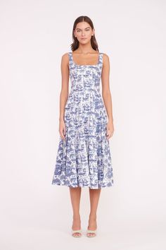 The Wells Dress features a corset-style panel construction to create a flattering, fitted shape through the waist and a full skirt which hits just below the knee. Constructed in lightweight cotton poplin. Dress China, Diamond Tops, Dresses Cotton, Blue Toile, China Blue, Blue China, Corset Style, Printed Midi Dress, Tropical Print