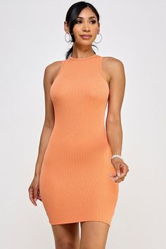 model is wearing Orange Ribbed Sleeveless Mini Dress Summer Ribbed Bodycon Sleeveless Dress, Ribbed Bodycon Sleeveless Dress For Summer, Ribbed Bodycon Sleeveless Summer Dress, Summer Sleeveless Ribbed Bodycon Dress, Ribbed Bodycon Sleeveless Mini Dress, Sleeveless Stretch Ribbed Mini Dress, Ribbed Fitted Sleeveless Mini Dress, Fitted Ribbed Sleeveless Summer Dress, Chic Sleeveless Ribbed Stretch Dress