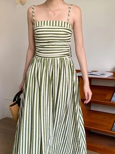 Olivia Mark - Vintage-Inspired High-Waisted Green Tea Layered Maxi Dress with a Relaxing Holiday Atmosphere Layered Maxi Dress, Terry Cloth Dress, Relaxing Holiday, Holiday Maxi Dress, Open Back Maxi Dress, Vintage Inspired Dresses, Striped Maxi, Designs For Dresses, Mom Dress