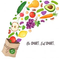 a bag full of fruits and vegetables flying out of it to be smart eat smart