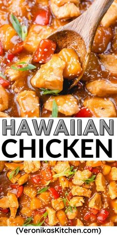 A close up photo of diced chicken, red pepper, and pineapple in sweet and sour sauce with a wooden spoon. Hawaiian Chicken Recipe, Hawaiian Chicken Recipes, Pineapple Chicken Recipes, Easy Stir Fry, Hawaiian Chicken, Stir Fry Recipe, Sweet And Sour Sauce, Hawaiian Food, Chicken Dishes Recipes