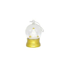 a snow globe on a gold stand with a white back ground and yellow dots around it