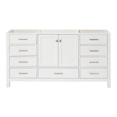 a white bathroom vanity with drawers and doors