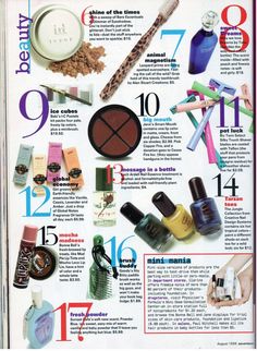 a magazine page with cosmetics and makeup products on it's cover, including eyeliners