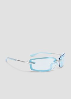 A sleek rectangular silhouette with lenses overlayed on the wrapped frames. Frames are made with combination of durable, lightweight plastic that outlines the silhouette and striking metal details on the nose bridge and temples. Comfortable acetate eartips provide a secure fit. Metal frames with blue flash lenses. Modern Blue Rectangular Sunglasses, Modern Blue Acetate Sunglasses, Modern Blue Square Frame Sunglasses, Metal Frames, The Nose, Nose Bridge, Sale Items, Metal Frame, Lenses