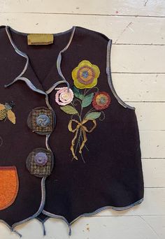 "Beautiful wool vest made by Artclothes out of Michigan.  Gorgeous appliqués flowers, bee and butterfly. Very whimsical.  In excellent condition.  Marked a S/M Shoulder 15\" Chest 21\" Length 22\" Width at hem 23\"" Vest Women Outfit, Cottagecore Flowers, Spool Crafts, Wooden Spool, Embellished Clothing, Liberty Of London Fabric, Wool Embroidery, Alpaca Sweater, Wool Vest