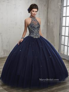 quinceanera ball gown features jeweled halter neck line, beaded bodice, basque waist line, bead embellished skirt, lace-up closure,  hermoso vestido para quinceanera color navy blue size 8 bust 34-38 waist 26-30 Navy Blue Quince Dress V Neck, Elegant Quinceanera Dresses Navy Blue, Indigo Quinceañera Dress, Saphire Blue Quinceanera Dresses, Dark Bluecquince Dresses, Sparkly Navy Blue Quince Dress, Night Sky Quinceanera Dresses, Quincenera Dresses Navy Blue, Dark Blue Quinceanera Dresses With Silver