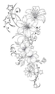 a black and white drawing of flowers with stars on the bottom half of their arm