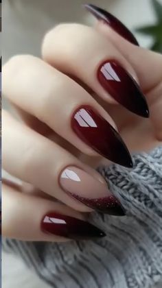 Nail Art Designs Wine Red, Trendy Burgundy Nails, Maroon And Black Nails Acrylic, Ombre Dark Red Nails, Red Ombre Almond Nails, Dark Christmas Nails Almond, Winter Nails Dark Red, Maroon And Black Nails Design, Winter Nails Maroon