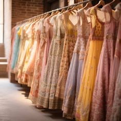 many dresses are hanging on a rack in a room with brick walls and flooring