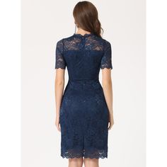 The gentle lace floral pattern makes this dress stand out, and show out your feminine and elegant temperature. This dress is an excellent choice for those looking for a flattering design that conceals any areas of concern around the tummy and arms. Its versatile style makes it suitable for various occasions, from bridesmaid duties to proms, weddings, cocktails, formal parties, and even casual wear. The vintage lace adds a touch of elegance, and it pairs well with high heels and exquisite necklac Blue Lace Dress With Lace Trim For Formal Occasions, Blue Lace Dress With Lace Trim For Formal Events, Fitted Knee-length Lace Dress With Patchwork, Fitted Knee-length Lace Patchwork Dress, Elegant Blue Dress With Lace Patchwork, Blue Fitted Lace Patchwork Dress, Elegant Blue Lace Dress With Short Sleeves, Blue Knee-length Lace Dress, Blue Lace Formal Dress