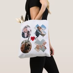 a woman carrying a white tote bag with photos and hearts on the front, holding scissors in her left hand