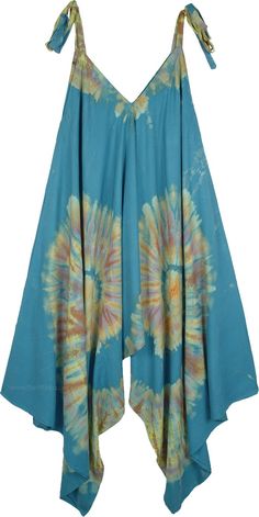 Charlotte Blue Wide Leg Tie Dye Gypsy Jumpsuit | Dresses | Blue | Sleeveless, Beach, Tie-Dye Bohemian Handkerchief Hem Bottoms For Beach, Bohemian Handkerchief Hem Festival Bottoms, Blue Bohemian Harem Pants For Spring, Blue Hippie Harem Pants For Spring, Tie Dye Hippie Harem Pants For Summer, Bohemian Tie Dye Harem Pants For Festival, Bohemian Tie-dye Harem Pants For Festivals, Blue Hippie Harem Pants For Festival, Hand Dyed Bohemian Bottoms For Summer