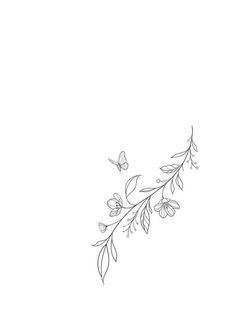 a black and white drawing of flowers with butterflies flying around it on a white background