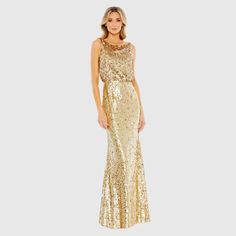 Mac Duggal Color: Gold Sequin Fabric (100% Polyester) Fully Lined Through Body High Neckline Sleeveless Allover Pink Sequin Polka Dots Concealed Back Zipper Approx. 62.5" From Top Of Shoulder To Bottom Hem Style #93645 Tags: Homecoming, Pageant, Date Night, Holiday Party, Gala, Wedding Guest, Military Ball, Photoshoot, Engagement Pictures, Old Hollywood, Red Carpet, Formal, Evening Gown, Elegant, New Year's Eve, Nye, Army Ball, Marine Ball, Classy Dress, Black Tie, Charity Event, Guest Of Weddin Gold Sleeveless Sequined Gown, Sleeveless Gold Gown With Sequins, Sleeveless Sequin Gown For Gala, Gold Sleeveless Gown With Sequins, Gold Sequined Sleeveless Gown, Champagne Sleeveless Evening Dress With Sweep Train, Champagne Sleeveless Evening Dress For Gala, Champagne Sleeveless Maxi Dress For Prom, Sleeveless Sequined Wedding Maxi Dress