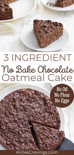 three ingredient no bake chocolate oatmeal cake on plates with one slice missing