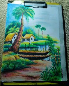 this is a drawing of a boat on the water with palm trees and houses in the background